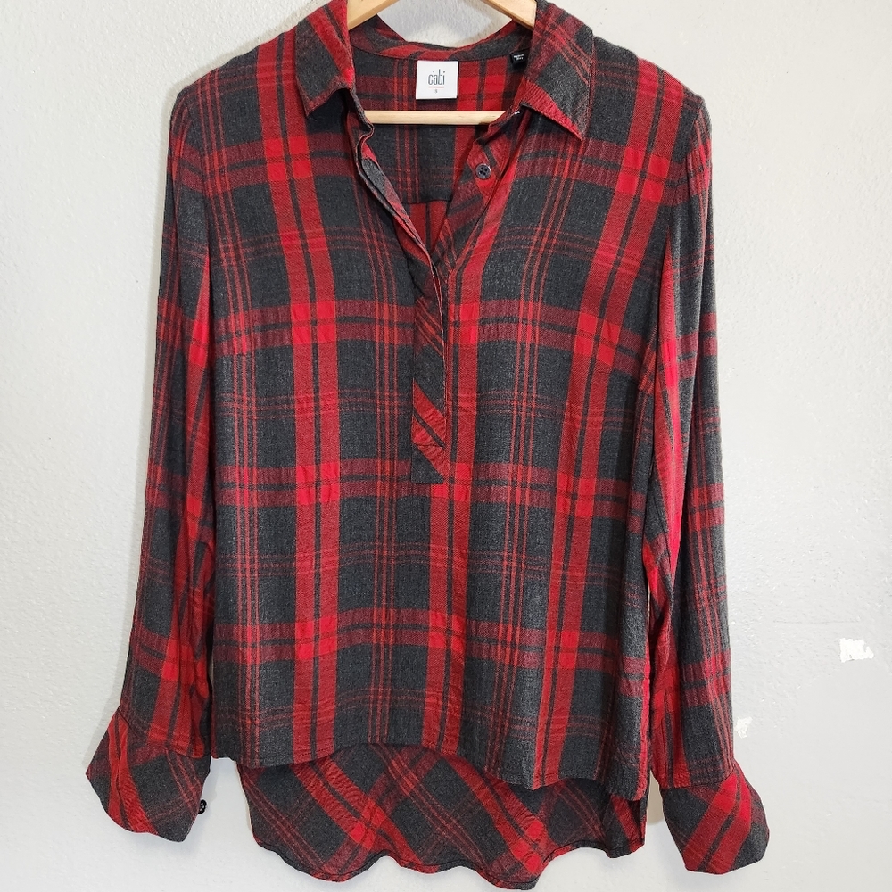 Cabi Shirt Womens Small Red Black Plaid 3/4 Button Front Tunic Long Sleeve